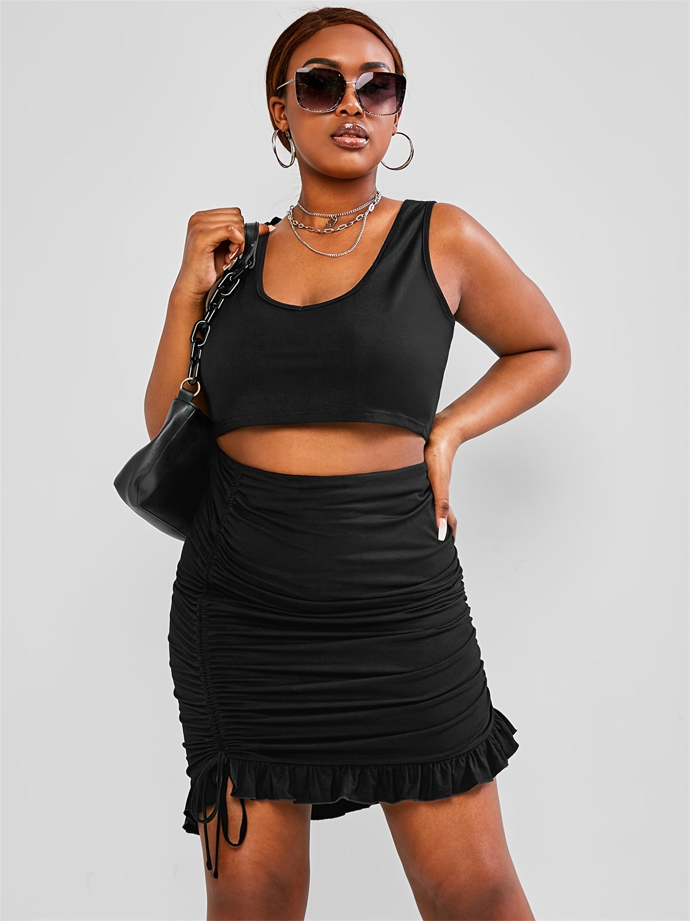  2pcs Set: Cropped Tank Top & Cinched Drawstring Skirt