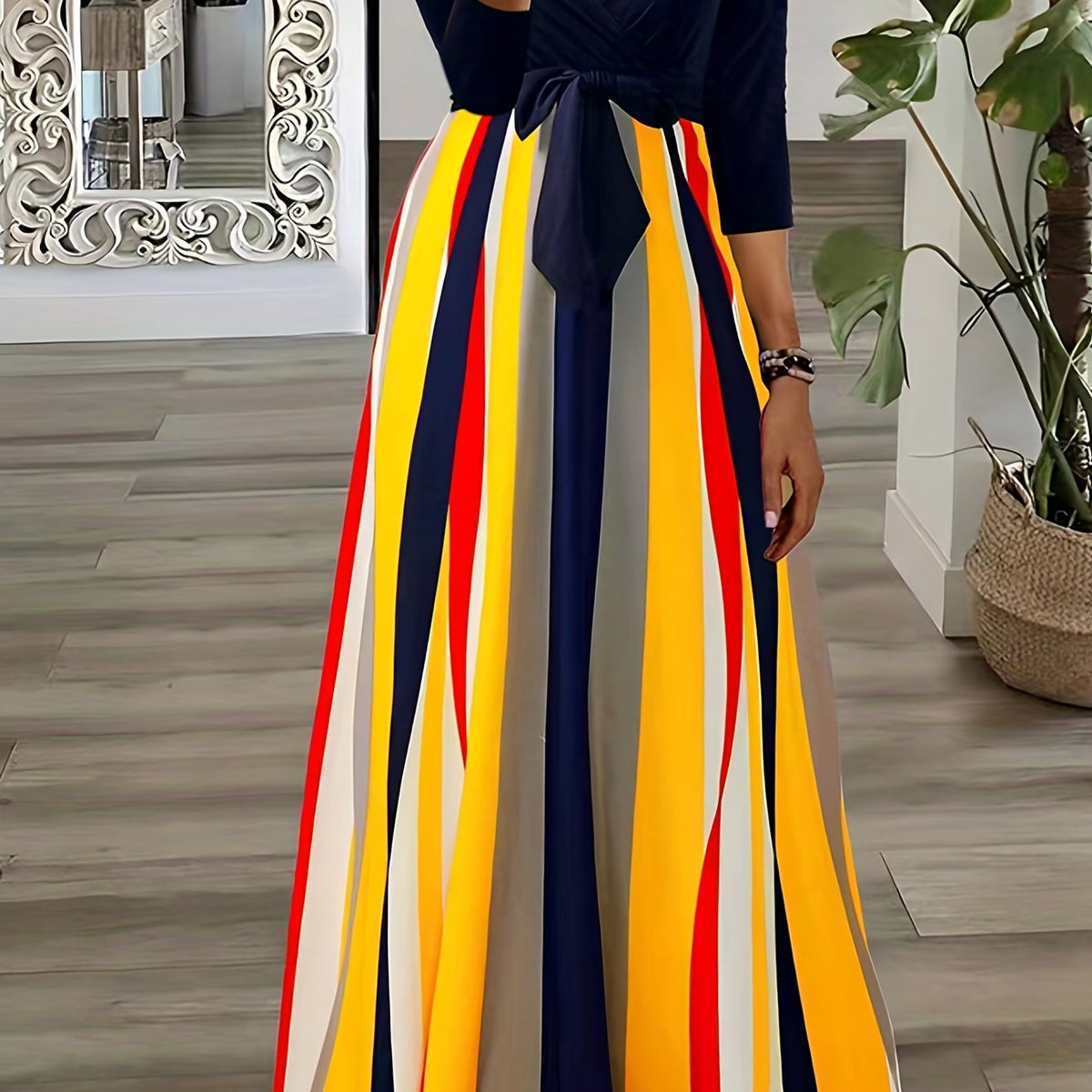  Colorful Striped Short Sleeve Maxi Dress