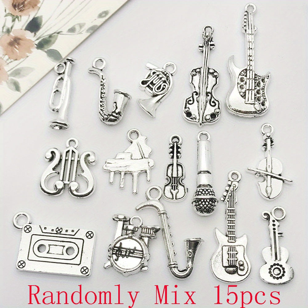 15pcs Antique Silver Musical Instrument Charms For Jewelry Making