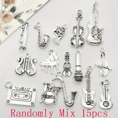 15pcs Antique Silver Musical Instrument Charms For Jewelry Making
