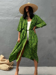 Leopard Print Cover Up Shirt V Neck Half Sleeve Loose Fit