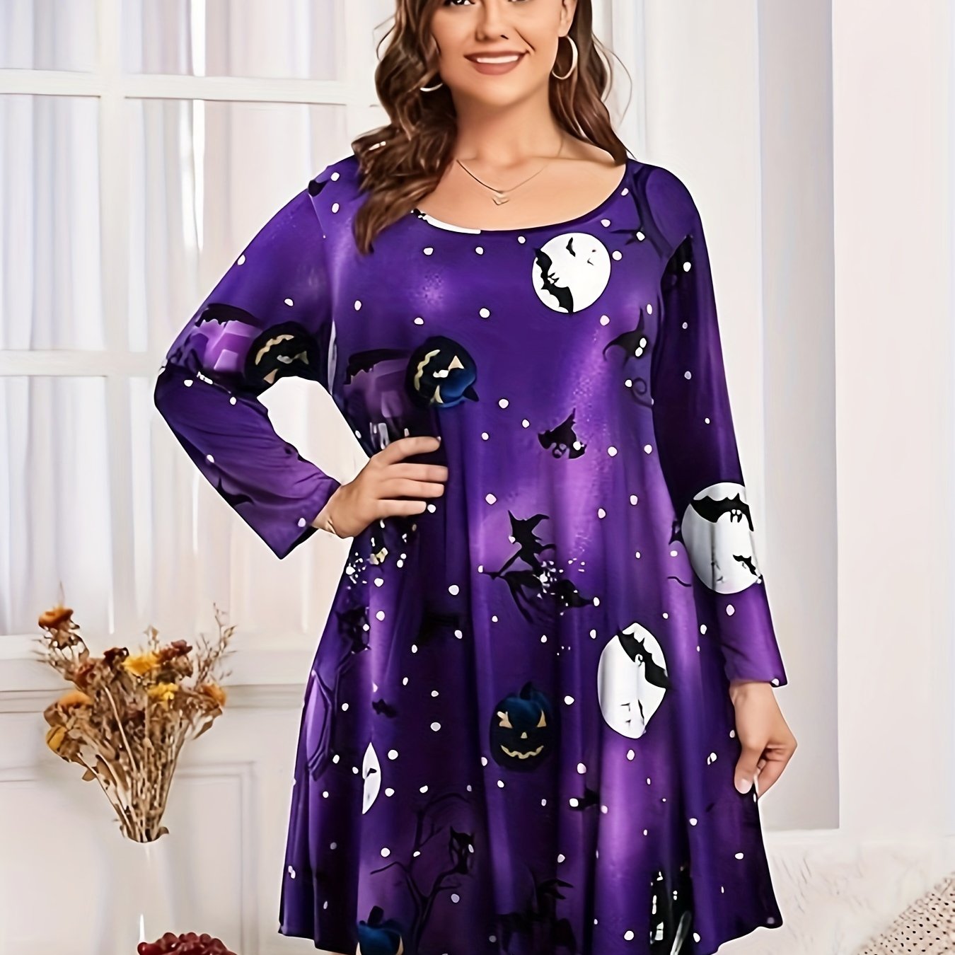  Casual Dress Women's Plus Graphic Print Long Sleeve Round Neck Dress
