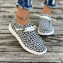 Leopard Pattern Skate Shoes for Women Flat Lightweight Lace-up Canvas