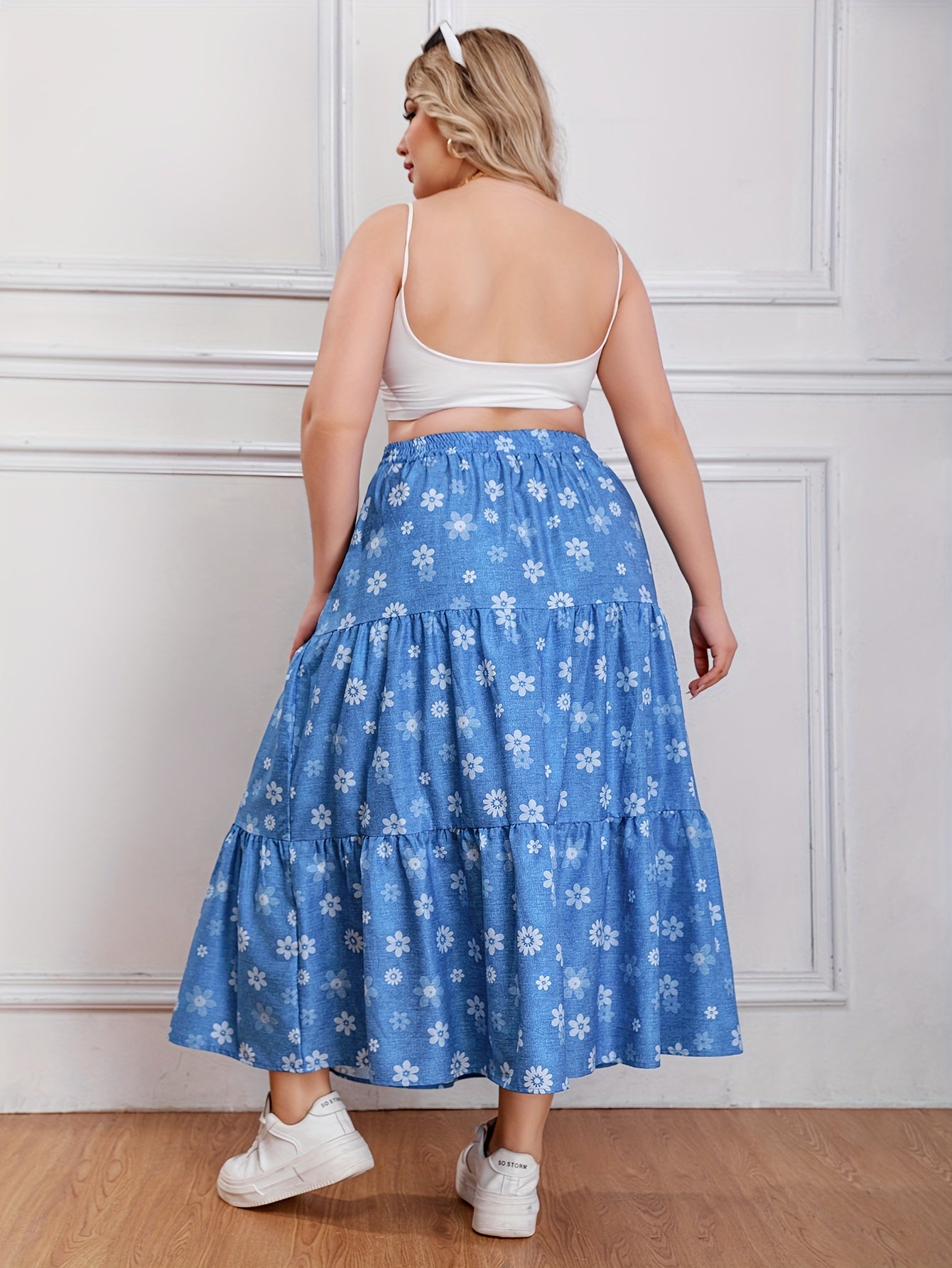  Floral Print Drawstring Maxi Skirt