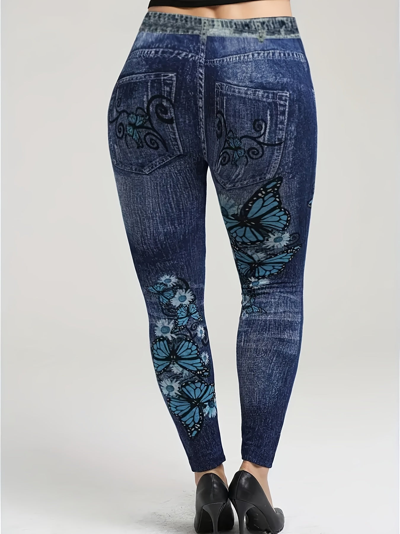  Denim & Butterfly Print High Rise Leggings