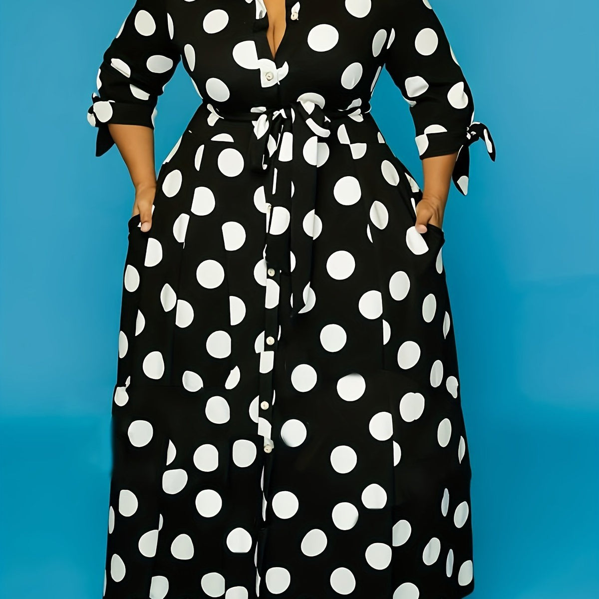 Maxi Dress Women's Plus Polka Dots Print Button Up