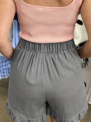  Solid Ruffle Trim Pocketed Shorts