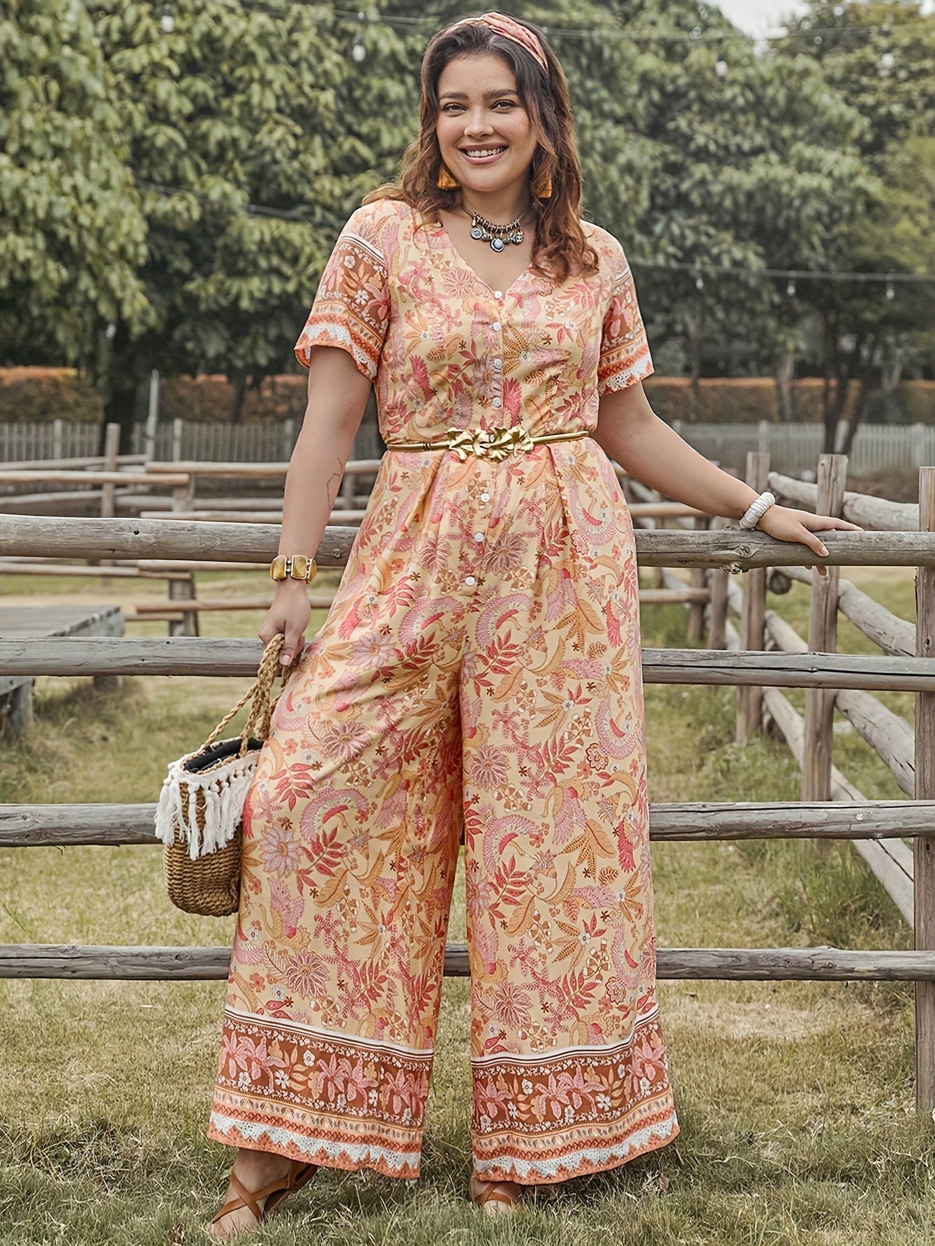  Boho Jumpsuit Floral Print Short Sleeve V-Neck Wide Leg Jumpsuit