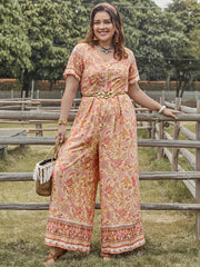  Boho Jumpsuit Floral Print Short Sleeve V-Neck Wide Leg Jumpsuit
