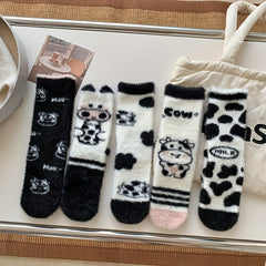 5 Pairs Cow Print Fuzzy Warm Socks Women's Stockings & Hosiery