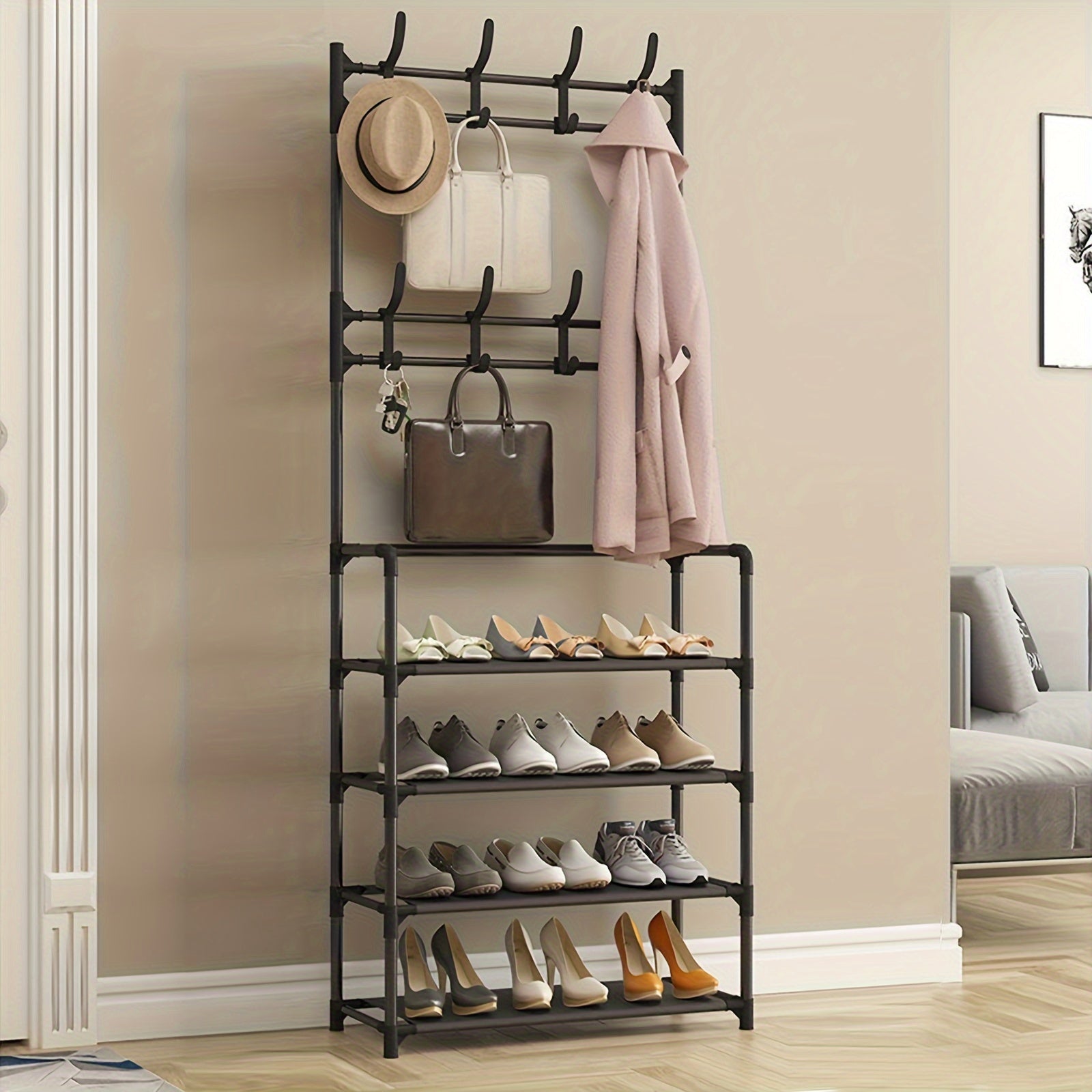1pc Shoe Rack With Storage Clothes Hanger Independent Standing 