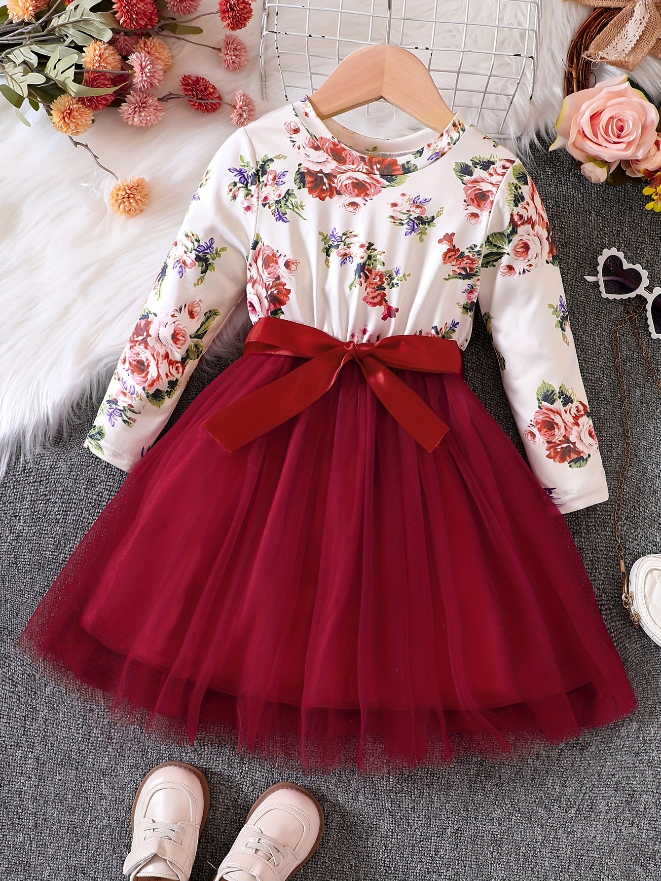Girls Ruffled Sleeves Crew Neck Bow Floral Tulle Tutu Princess Dress