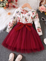 Girls Ruffled Sleeves Crew Neck Bow Floral Tulle Tutu Princess Dress