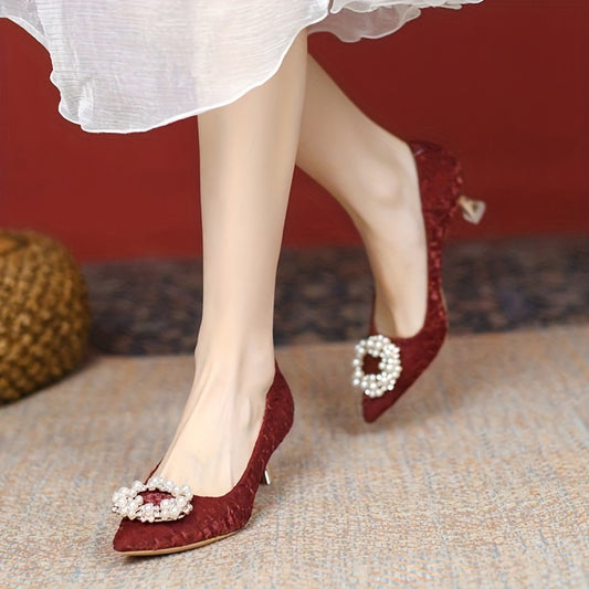Faux Pearl Kitten Heels Bridesmaid Pumps Wedding Shoes
