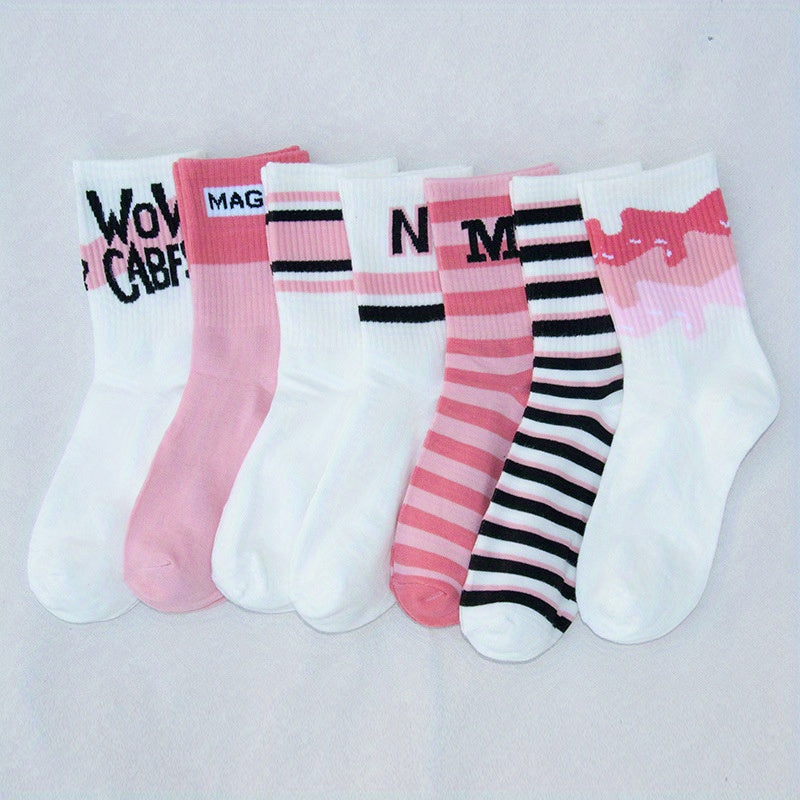 7 Pairs Striped Socks Comfy Breathable All match Socks Women's Stockings