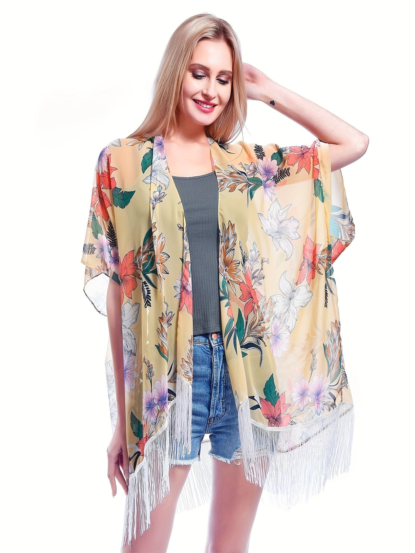  Women's Floral Print Tassel Trim Cover Up