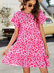  Leopard Print Round Neck Smock Dress