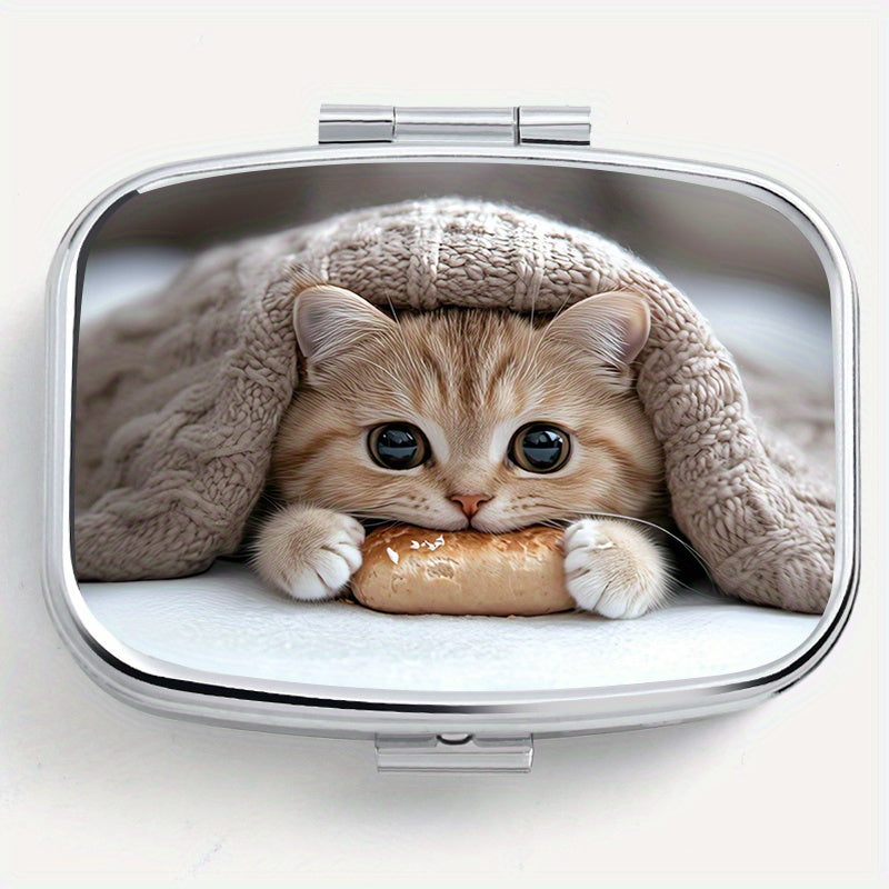 Bread Cat Print Pattern Square Medicine Box Two Compartment Pill Box