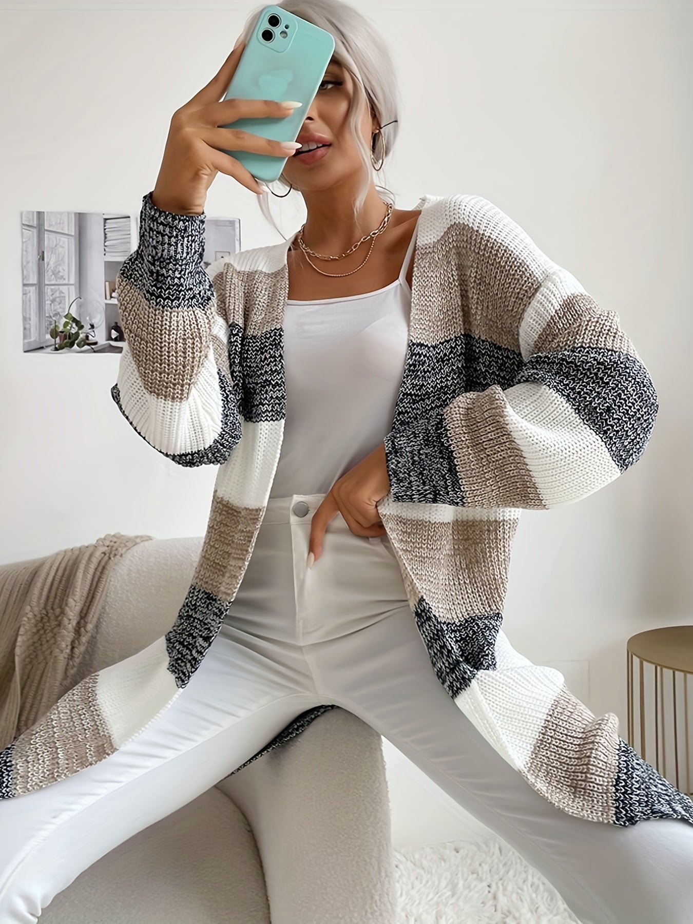  Colorblock Long Sleeve Open Front Cardigan