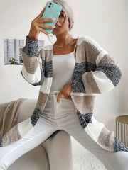  Colorblock Long Sleeve Open Front Cardigan