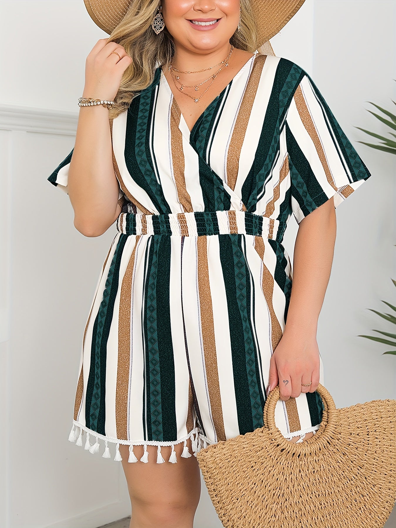  Women's Stripe Print Shirred Waist Tassel Trim Romper