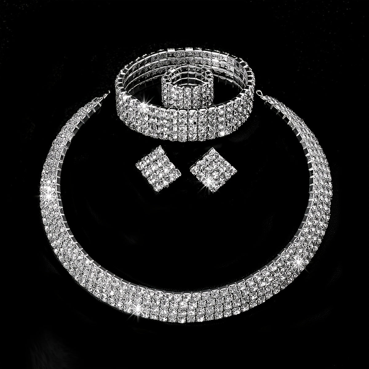 Rhinestone Crystal Jewelry Set: Choker Necklace, Earrings, Bracelet & Ring