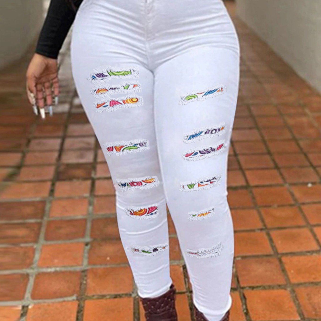 Colorful Patchwork Skinny Jeans High Rise Paisley Distressed Pencil Jeans