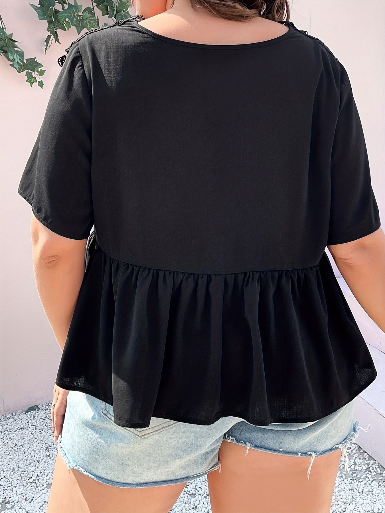  Lace Panel Short Sleeve Peplum Top
