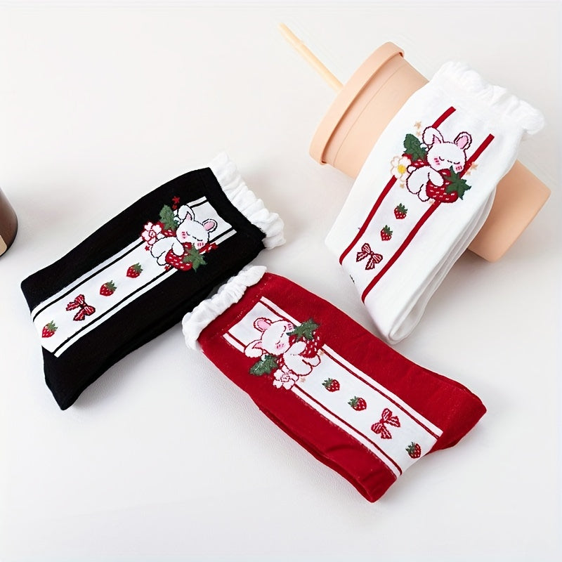 3 Pairs Bunny Print Socks Cute & Ruffle Women's Stockings