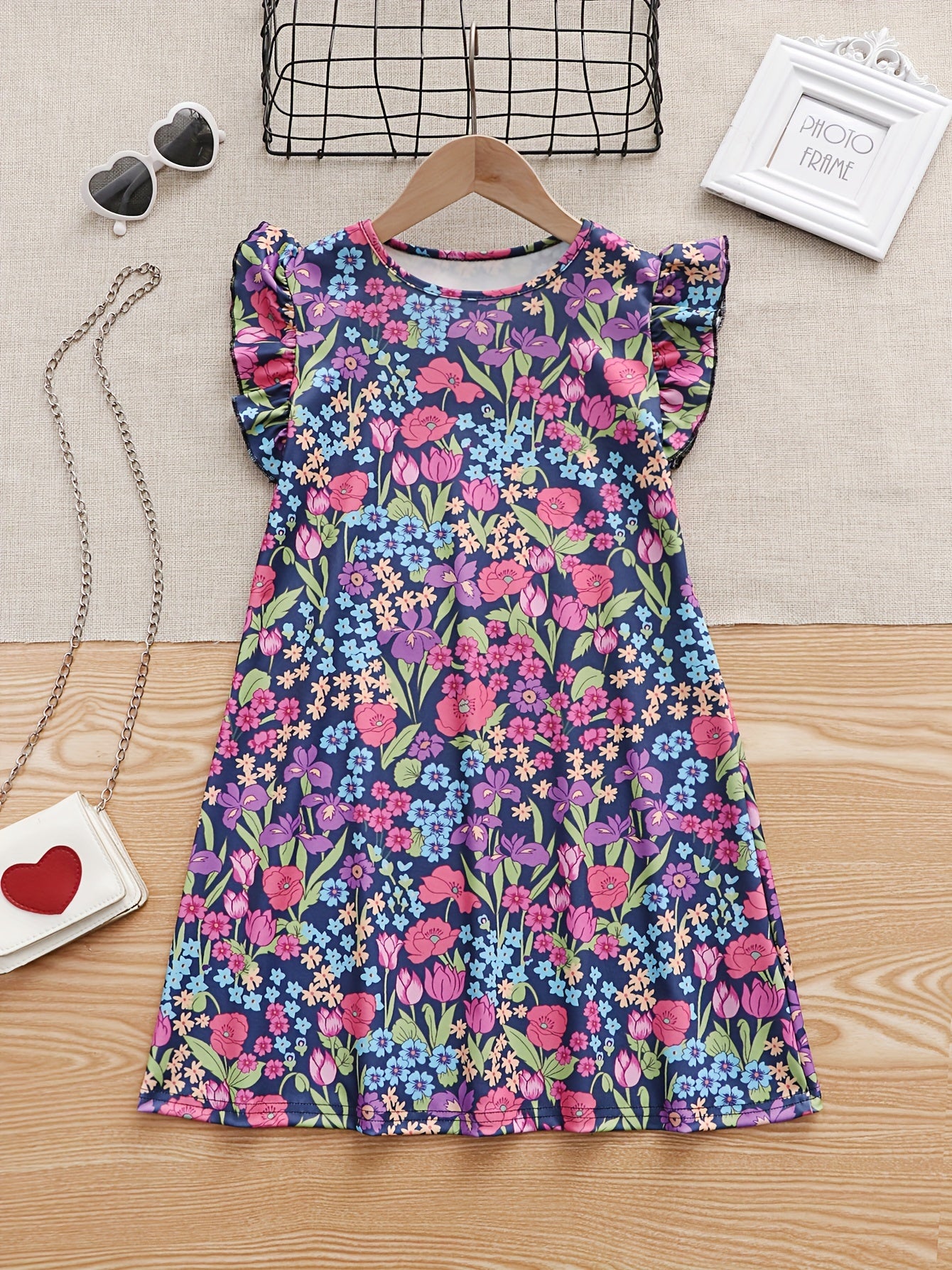 Girls Casual Flower Graphic Ruffle Trim Dress Summer Party Gift