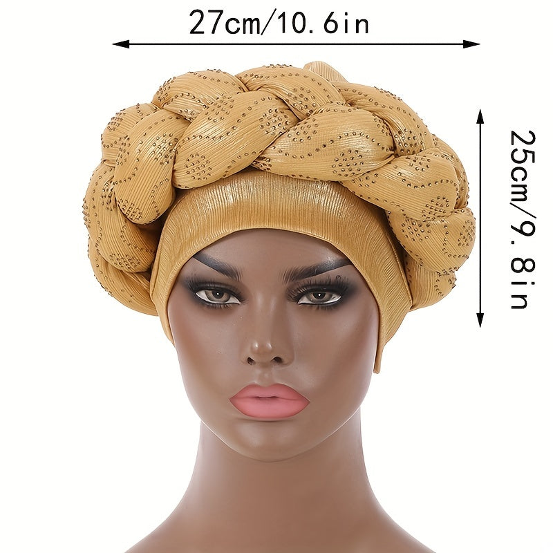 Golden Twist Braided Turban Cap Rhinestone Decor Head Wrap Hijab Hats