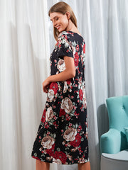 Floral Lounge Dress Short Sleeve Comfy Crew Neck Women's Loungewear