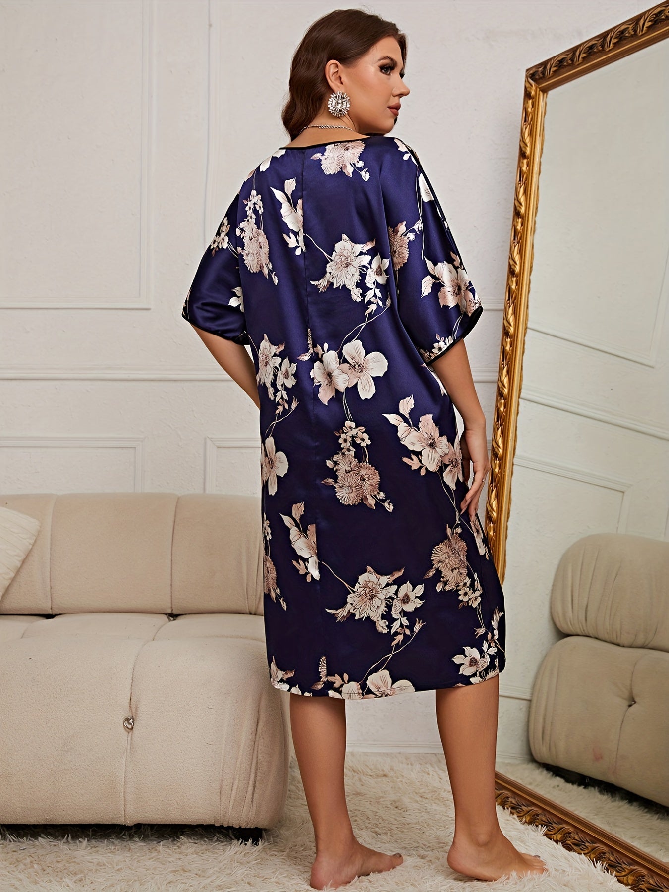  Floral Print Satin Loungewear Dress