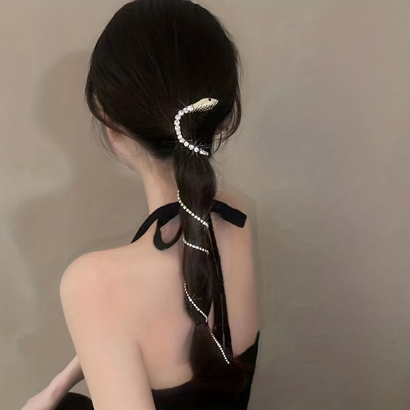Snake Shape Hair Clip With Long Rhinestone Tassel Gothic Style Hair Accessories