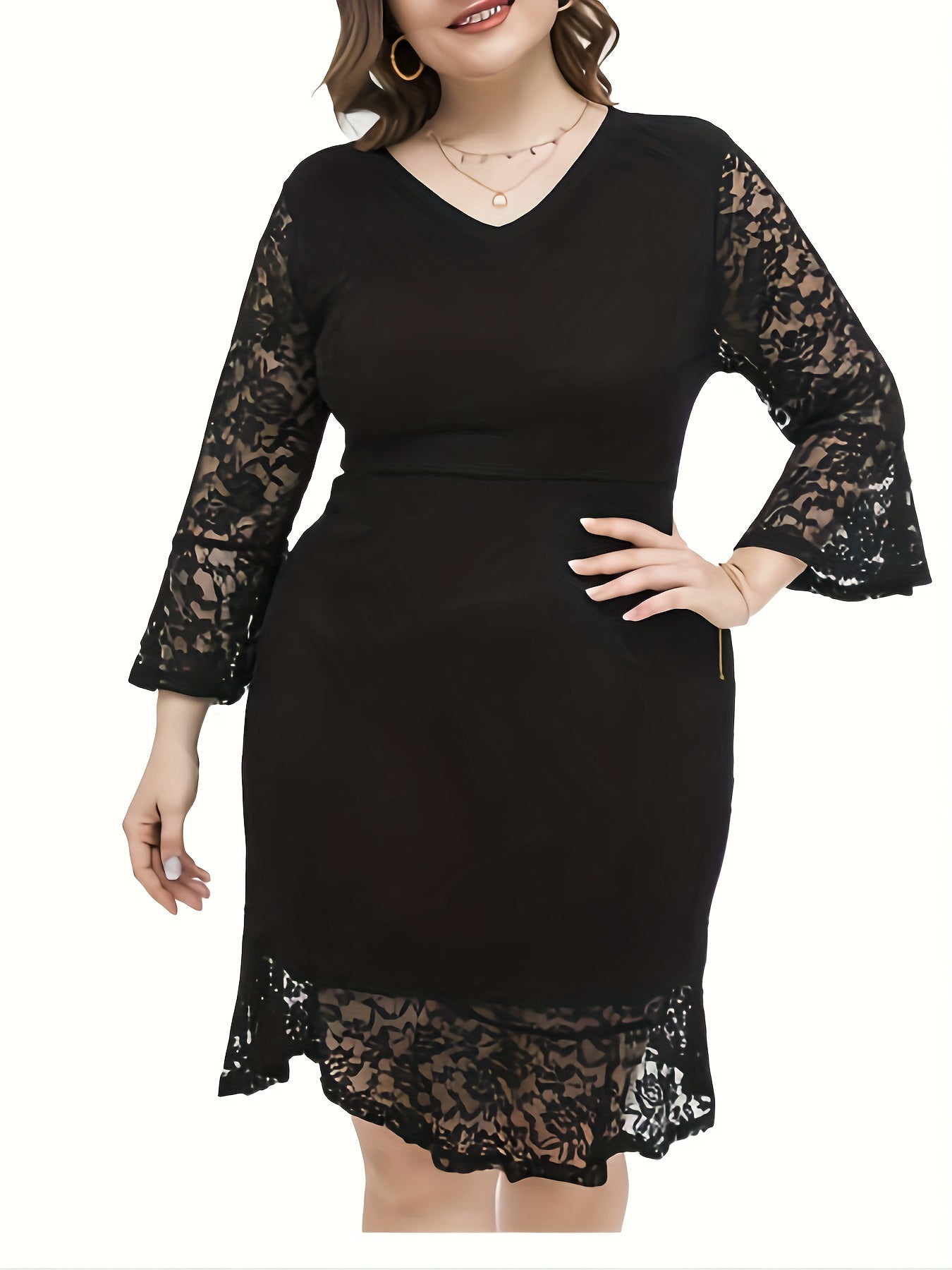  Lace Bell Sleeve V Neck Bodycon Dress
