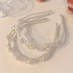 Faux Pearl Hair Band Resin Flower Headband Double Layered Headdress