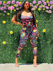 Graffiti Print Cut Out Jumpsuit Sexy Spaghetti Strap Sleeveless Jumpsuit