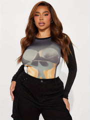  Casual Body Print Long Sleeve Round Neck Bodysuit