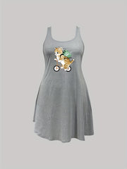 Cat Print Stretch Tank Sleep Dress