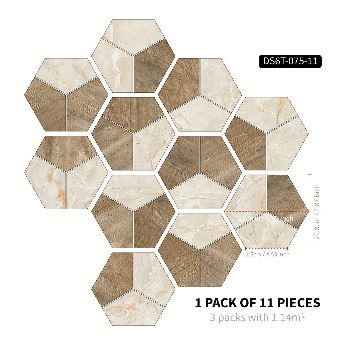 11pcs Gray brown Marble Pattern Hexagonal Floor Stickers Waterproof Anti-slip