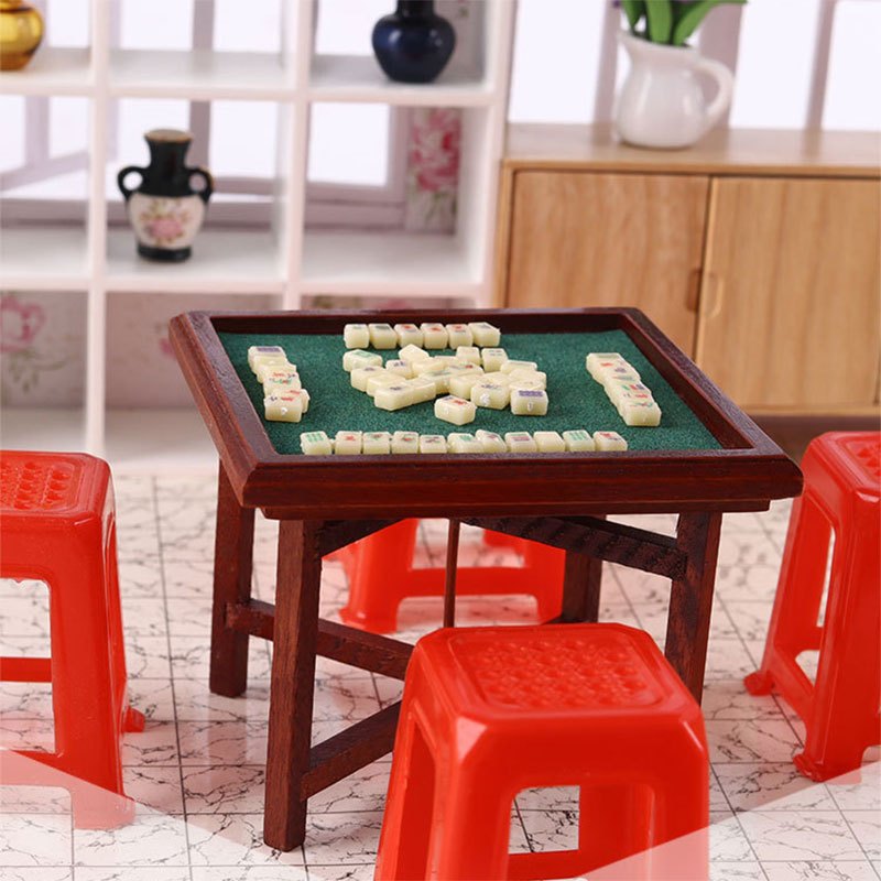 Mini Mahjong Set with Table and Stools for Dollhouses
