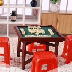 Mini Mahjong Set with Table and Stools for Dollhouses
