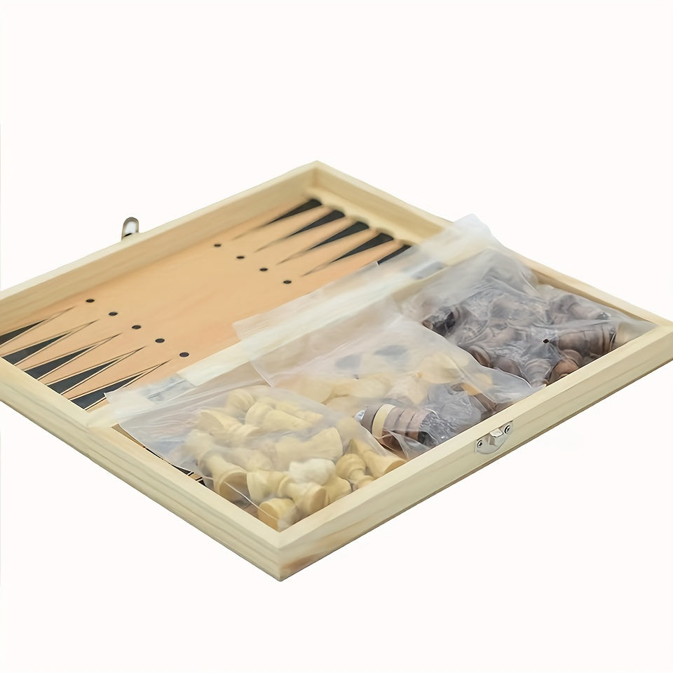 3 in 1 Chess Checkers Backgammon Set Wooden Classic Chess Pieces Board Case