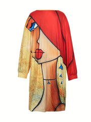 Women's Plus Face Print Long Sleeve V Neck Dress With Pockets