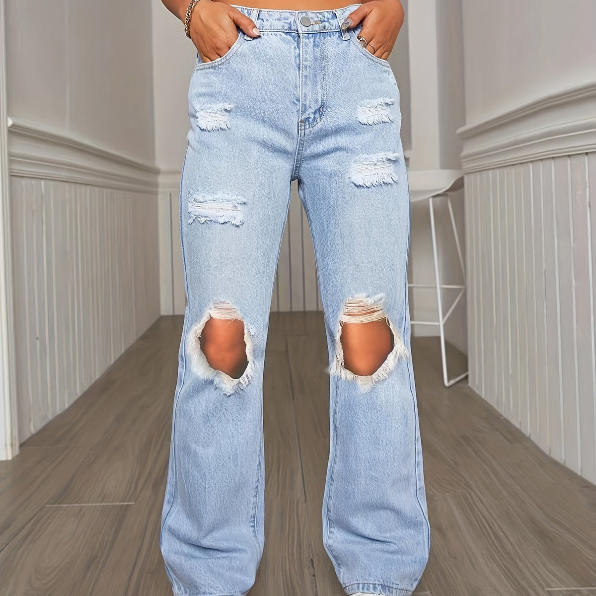 High Waist Ripped Jeans Loose Fit Slash Pockets