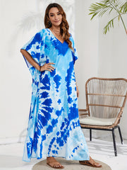  Tie Dye Batwing Sleeve V Neck Maxi Cover Up Dress