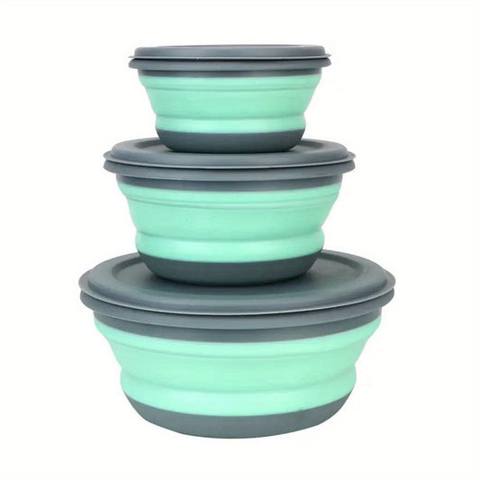 3pcs Silicone Foldable Lunch Box Set with Lid Portable Camping Bowl Picnic Salad