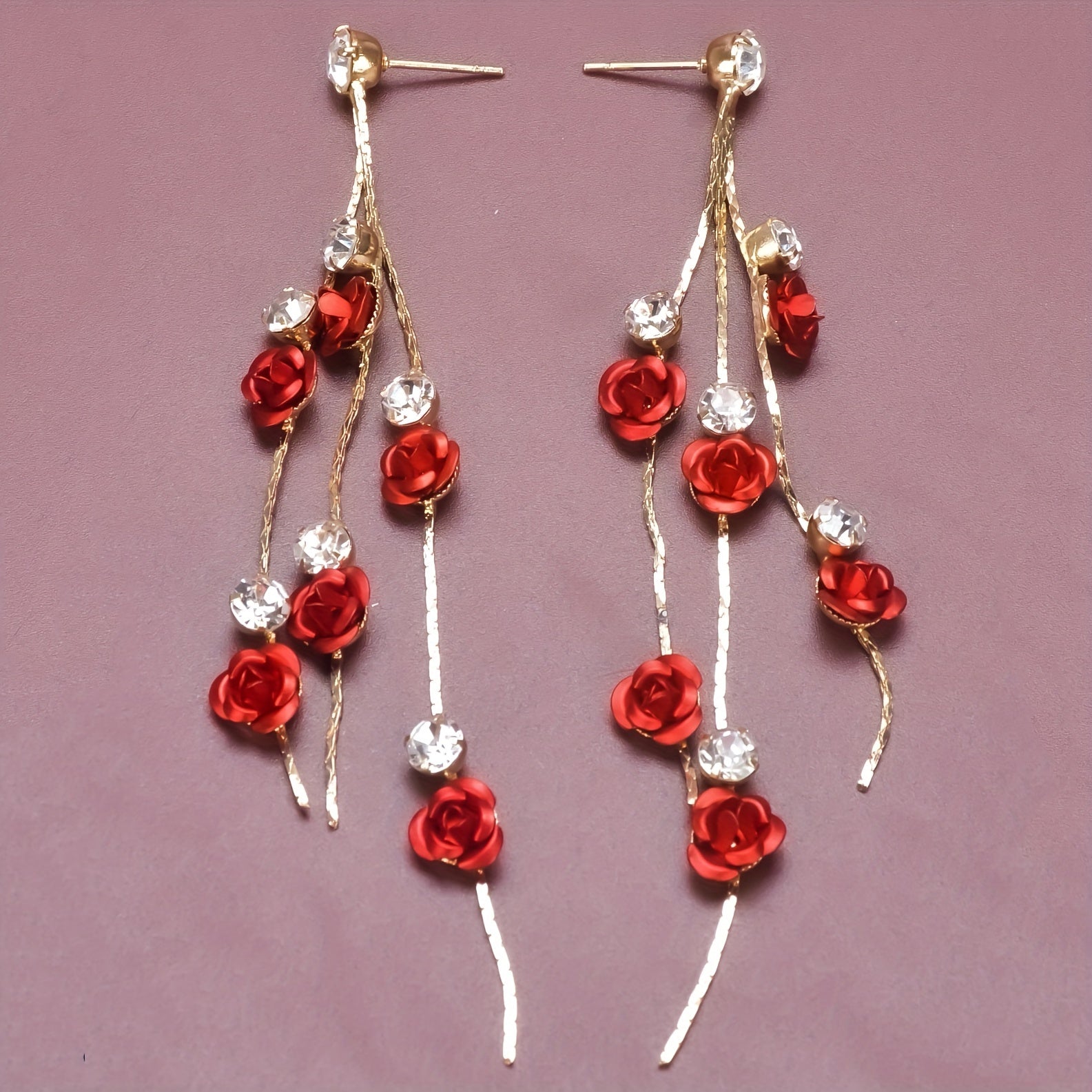 Tassel Red Rose Rhinestone Dangle Earrings