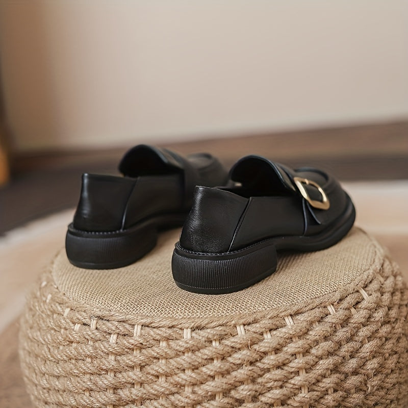 Chunky Heel Loafers Retro Buckle Faux Leather Shoes Comfortable Walking