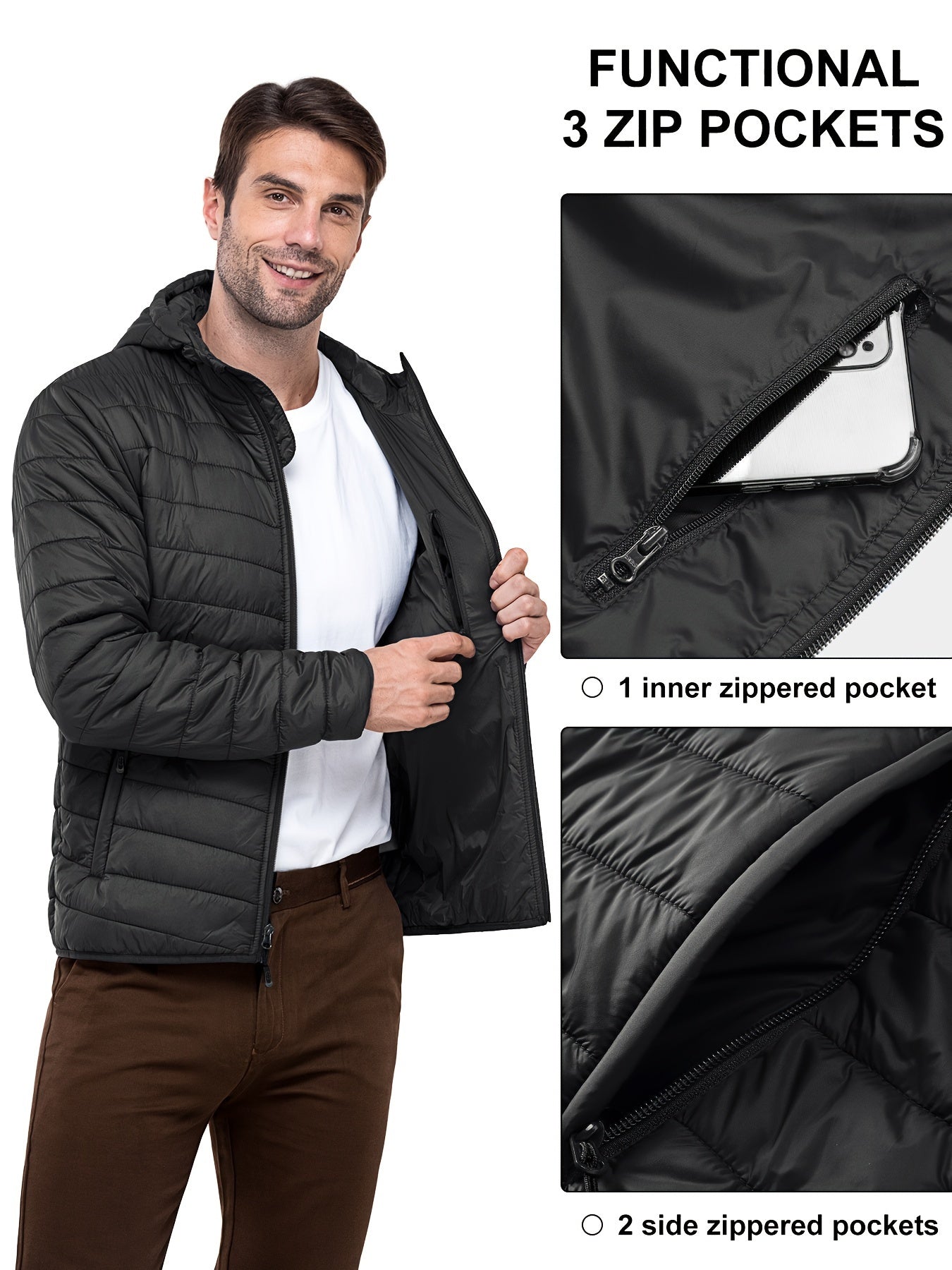 Men's Stand Collar Packable Hooded Winter Jacket Water Resistant Puffy Coat